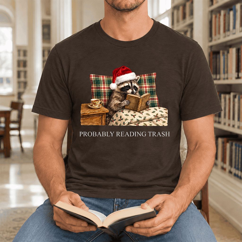 Probably Reading Trash Ultra-Soft Cotton T-Shirt | Christmas Book Lover Gift Brown