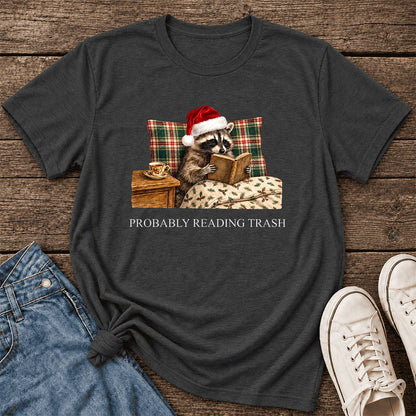 Probably Reading Trash Ultra-Soft Cotton T-Shirt | Christmas Book Lover Gift Dark Grey Heather