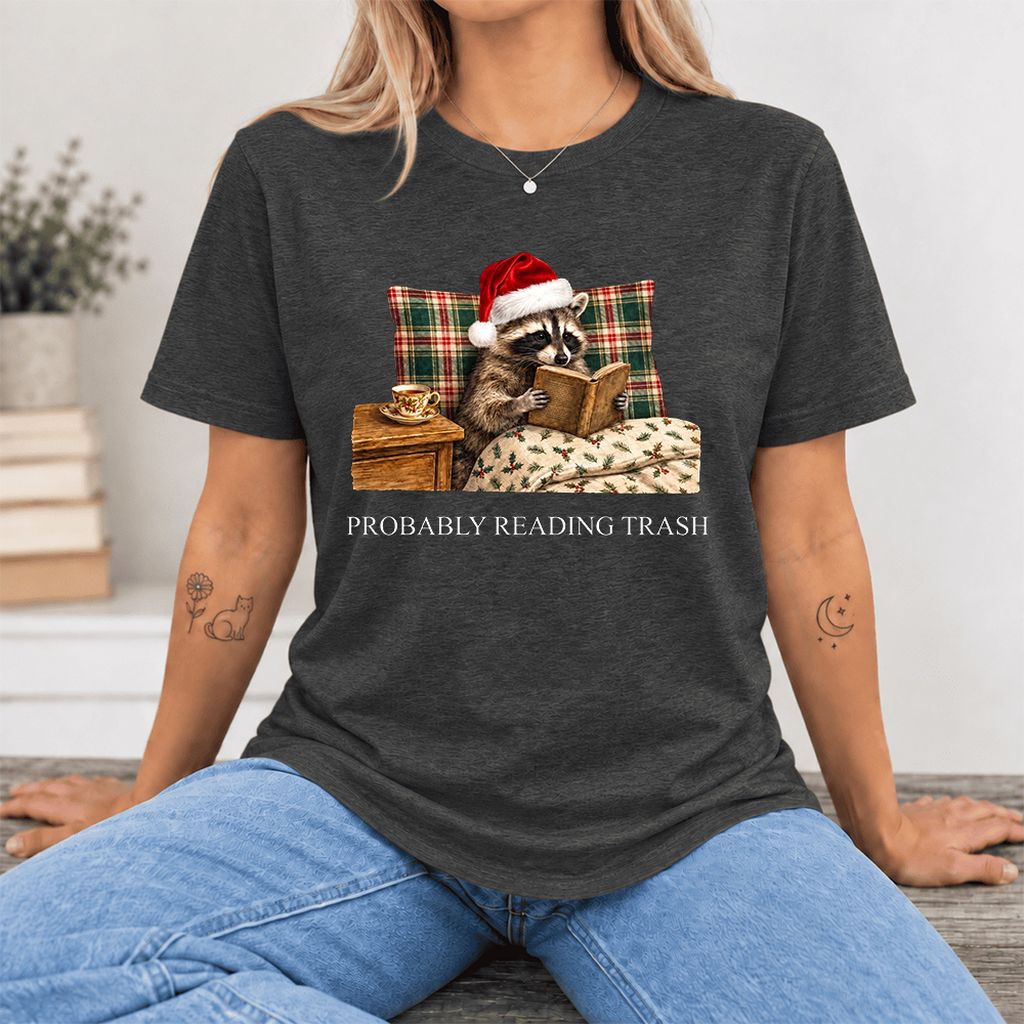 Probably Reading Trash Ultra-Soft Cotton T-Shirt | Christmas Book Lover Gift Dark Grey Heather