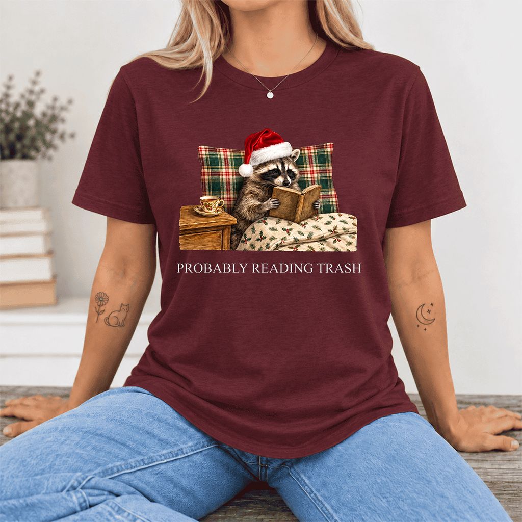 Probably Reading Trash Ultra-Soft Cotton T-Shirt | Christmas Book Lover Gift Maroon