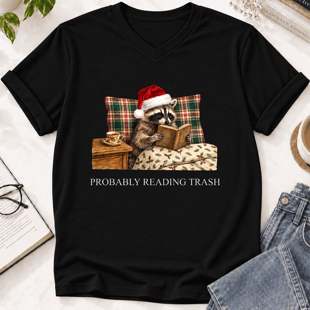 Probably Reading Trash Ultra-Soft V-Neck | Cozy Christmas Book Lover Gift Black