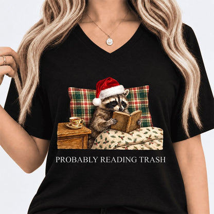 Probably Reading Trash Ultra-Soft V-Neck | Cozy Christmas Book Lover Gift Black