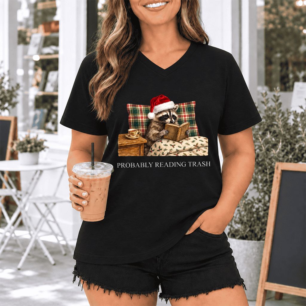 Probably Reading Trash Ultra-Soft V-Neck | Cozy Christmas Book Lover Gift Black