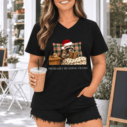 Probably Reading Trash Ultra-Soft V-Neck | Cozy Christmas Book Lover Gift Black