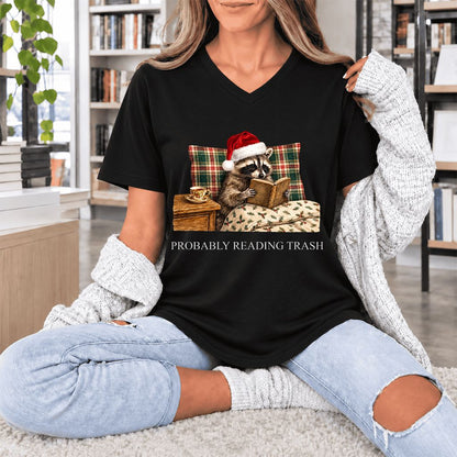 Probably Reading Trash Ultra-Soft V-Neck | Cozy Christmas Book Lover Gift Black