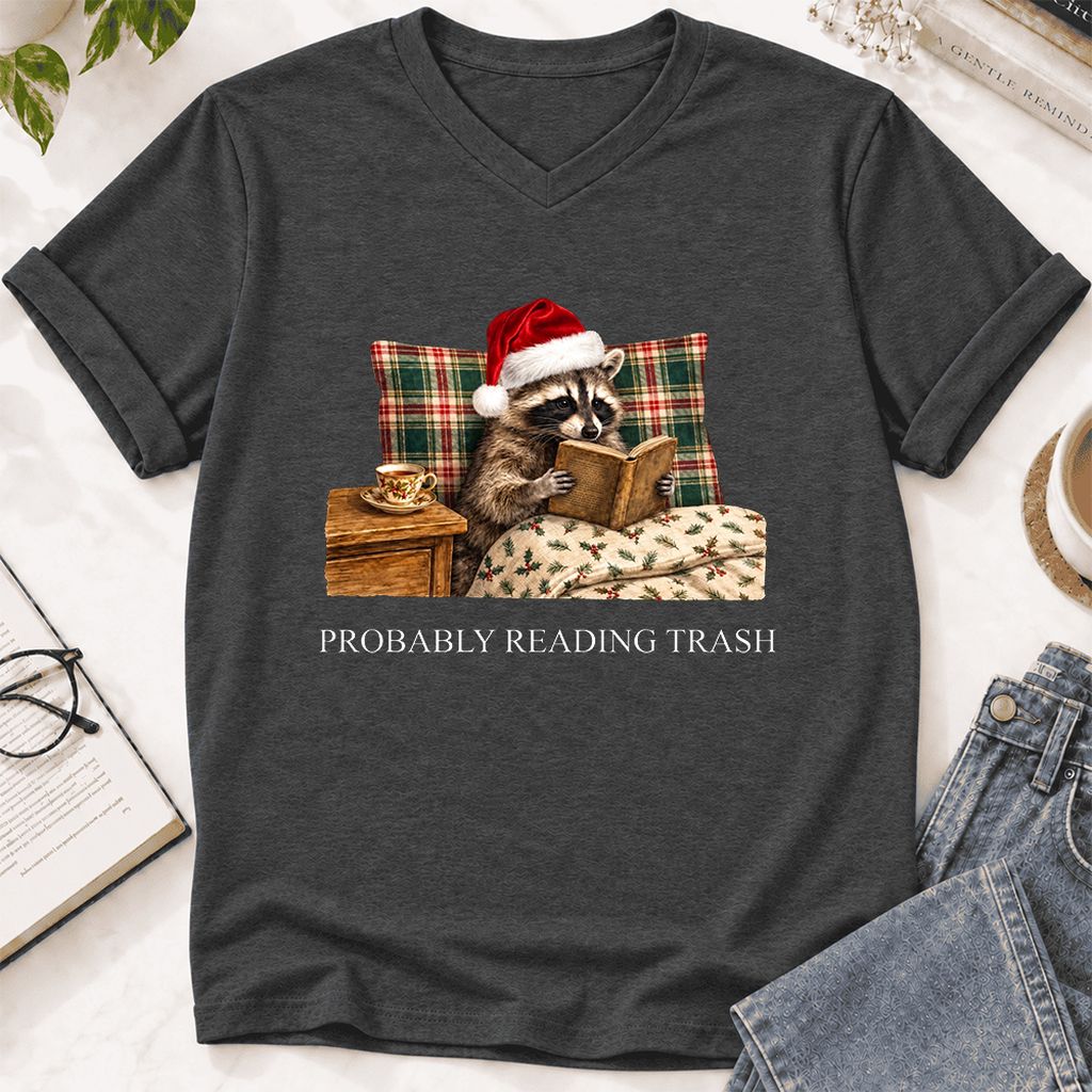 Probably Reading Trash Ultra-Soft V-Neck | Cozy Christmas Book Lover Gift Dark Grey Heather