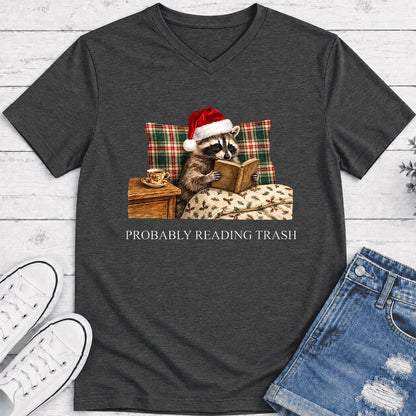 Probably Reading Trash Ultra-Soft V-Neck | Cozy Christmas Book Lover Gift Dark Grey Heather