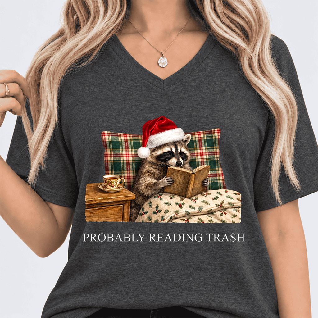 Probably Reading Trash Ultra-Soft V-Neck | Cozy Christmas Book Lover Gift Dark Grey Heather