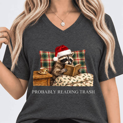 Probably Reading Trash Ultra-Soft V-Neck | Cozy Christmas Book Lover Gift Dark Grey Heather