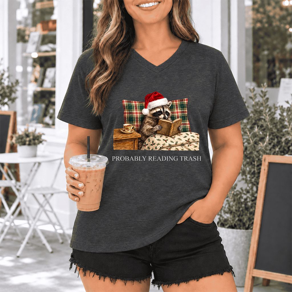 Probably Reading Trash Ultra-Soft V-Neck | Cozy Christmas Book Lover Gift Dark Grey Heather