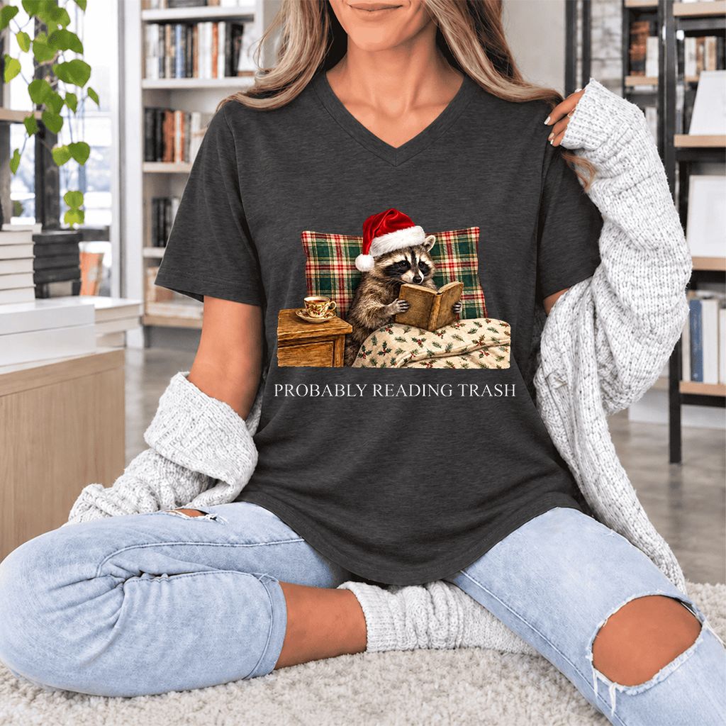 Probably Reading Trash Ultra-Soft V-Neck | Cozy Christmas Book Lover Gift Dark Grey Heather