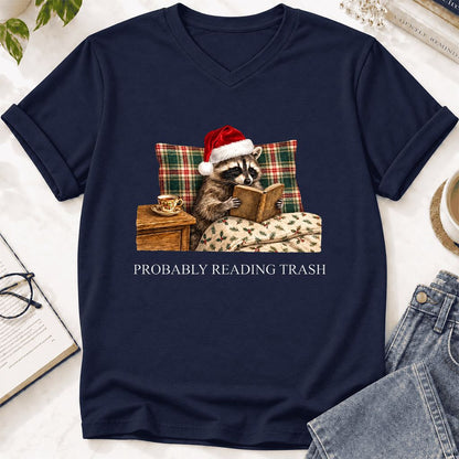 Probably Reading Trash Ultra-Soft V-Neck | Cozy Christmas Book Lover Gift Navy