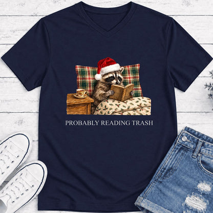 Probably Reading Trash Ultra-Soft V-Neck | Cozy Christmas Book Lover Gift Navy