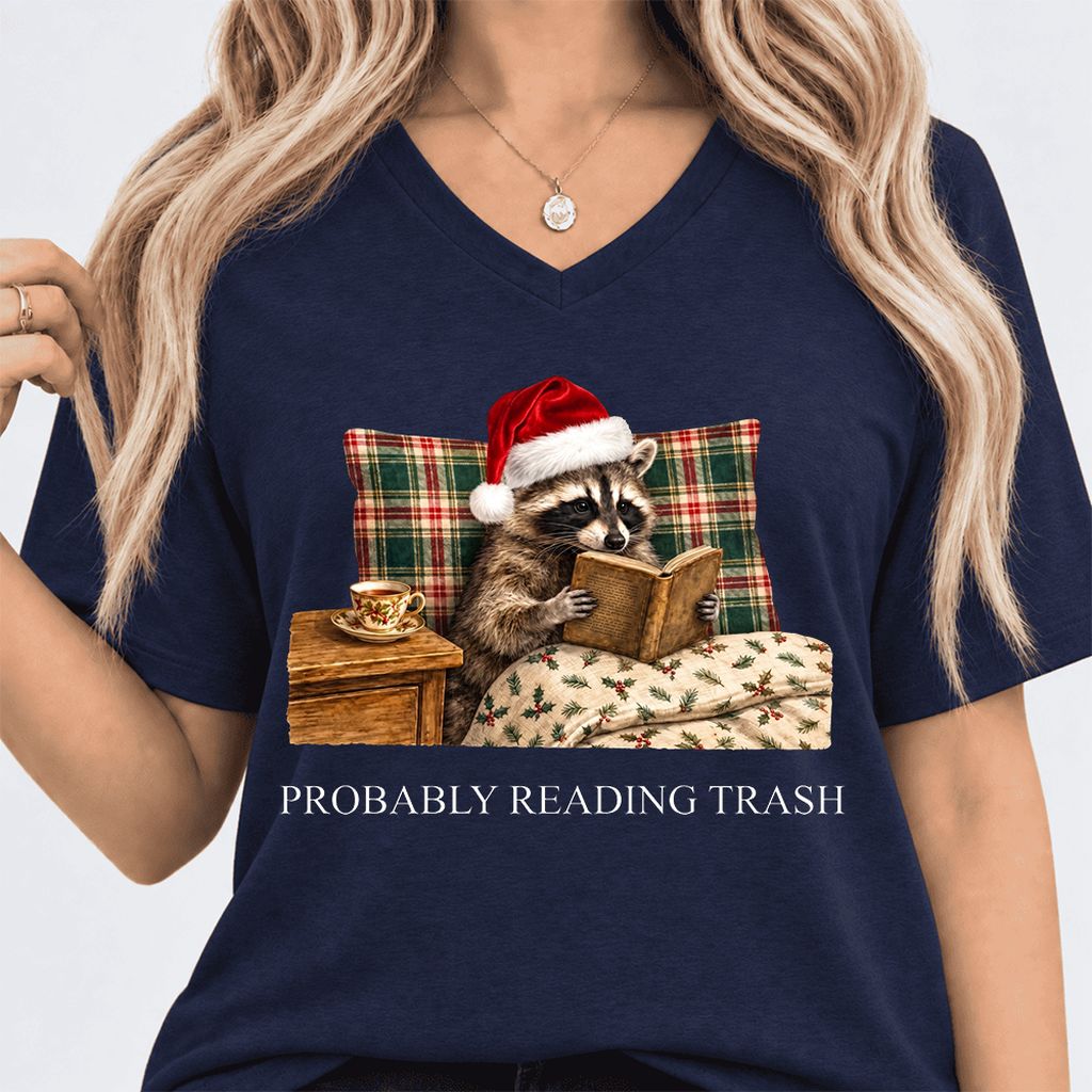 Probably Reading Trash Ultra-Soft V-Neck | Cozy Christmas Book Lover Gift Navy