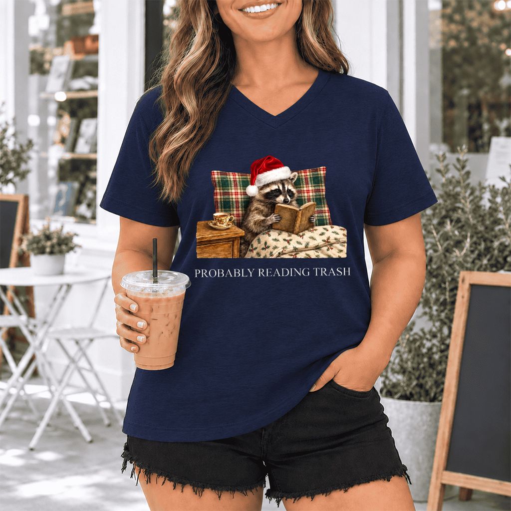 Probably Reading Trash Ultra-Soft V-Neck | Cozy Christmas Book Lover Gift Navy