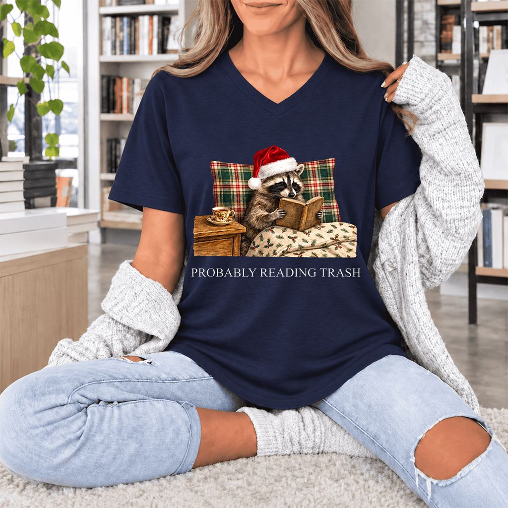 Probably Reading Trash Ultra-Soft V-Neck | Cozy Christmas Book Lover Gift Navy
