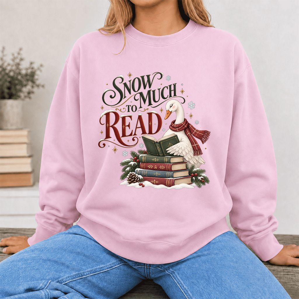 Snow Much to Read Printed Sweatshirt | Cozy Christmas Book Lover Gift Light Pink