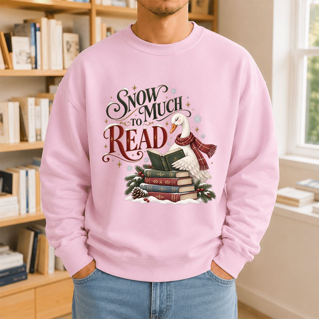Snow Much to Read Printed Sweatshirt | Cozy Christmas Book Lover Gift Light Pink