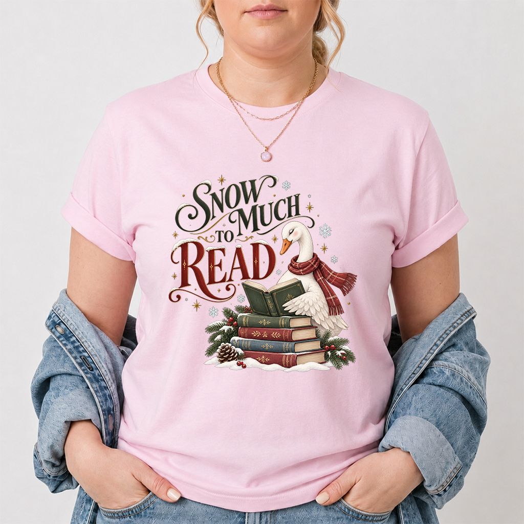 Snow Much to Read Printed T-Shirt | Cozy Christmas Book Lover Gift Light Pink