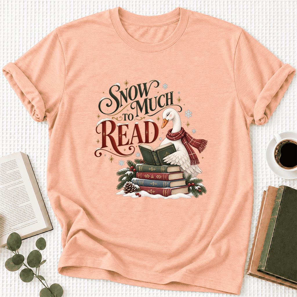 Snow Much to Read Ultra-Soft Cotton T-Shirt | Cozy Christmas Book Lover Gift Heather Peach