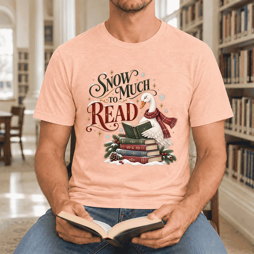 Snow Much to Read Ultra-Soft Cotton T-Shirt | Cozy Christmas Book Lover Gift Heather Peach