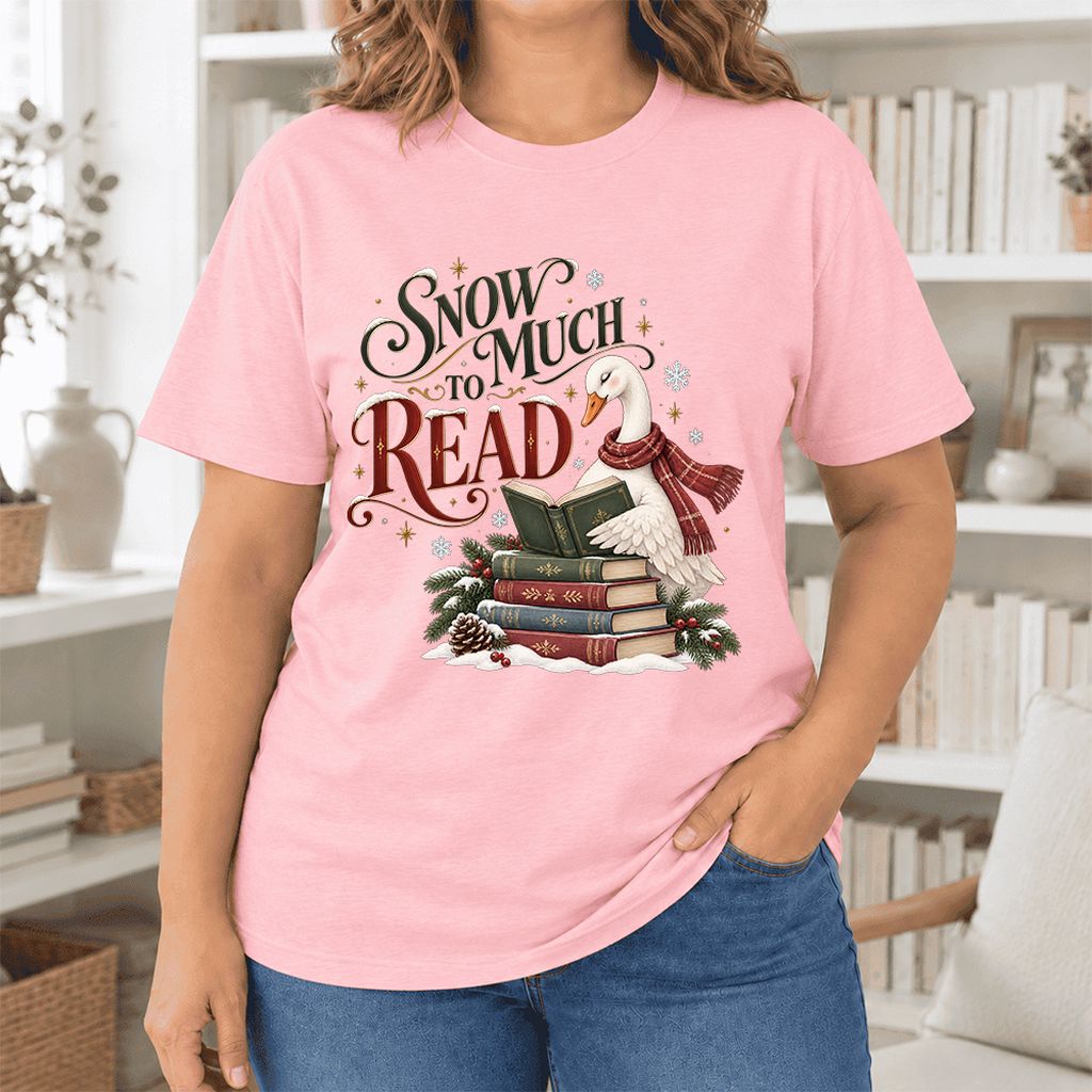 Snow Much to Read Ultra-Soft Cotton T-Shirt | Cozy Christmas Book Lover Gift Pink
