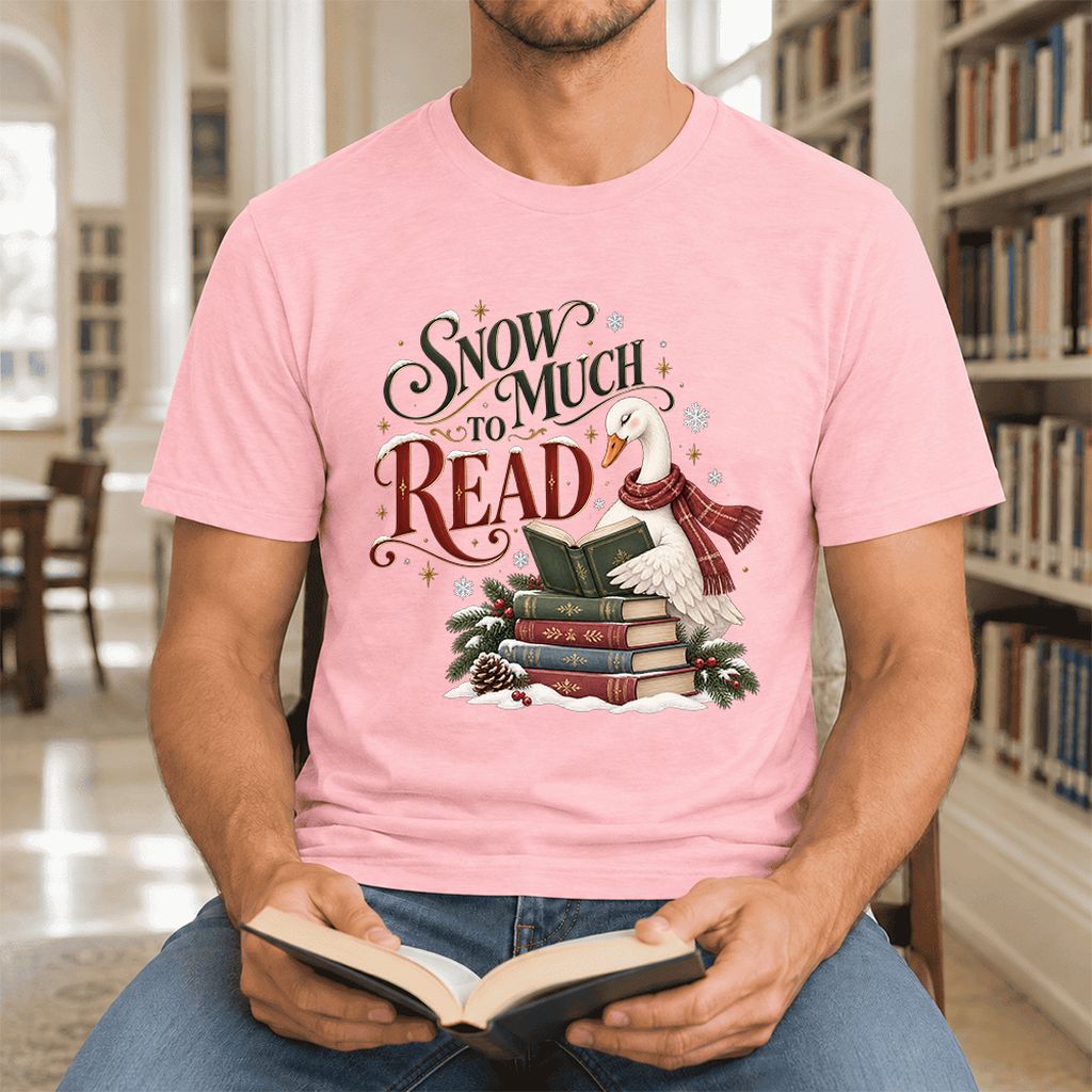Snow Much to Read Ultra-Soft Cotton T-Shirt | Cozy Christmas Book Lover Gift Pink