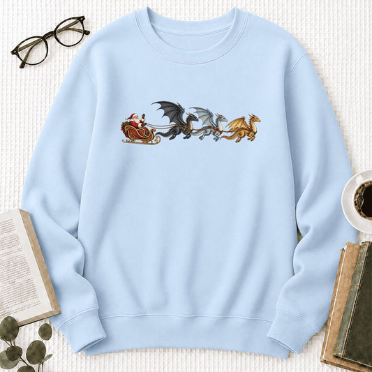 Santa Claus on Dragon Sleigh Crewneck Sweatshirt | Christmas Reader Gift Light Blue
