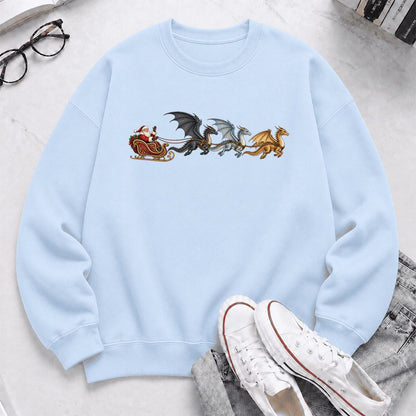 Santa Claus on Dragon Sleigh Printed Sweatshirt | Christmas Reader Gift Light Blue