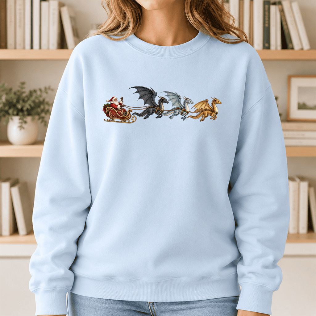 Santa Claus on Dragon Sleigh Printed Sweatshirt | Christmas Reader Gift Light Blue