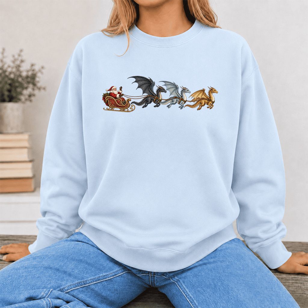 Santa Claus on Dragon Sleigh Printed Sweatshirt | Christmas Reader Gift Light Blue
