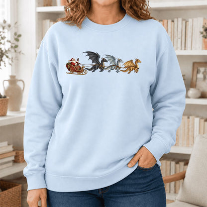 Santa Claus on Dragon Sleigh Printed Sweatshirt | Christmas Reader Gift Light Blue