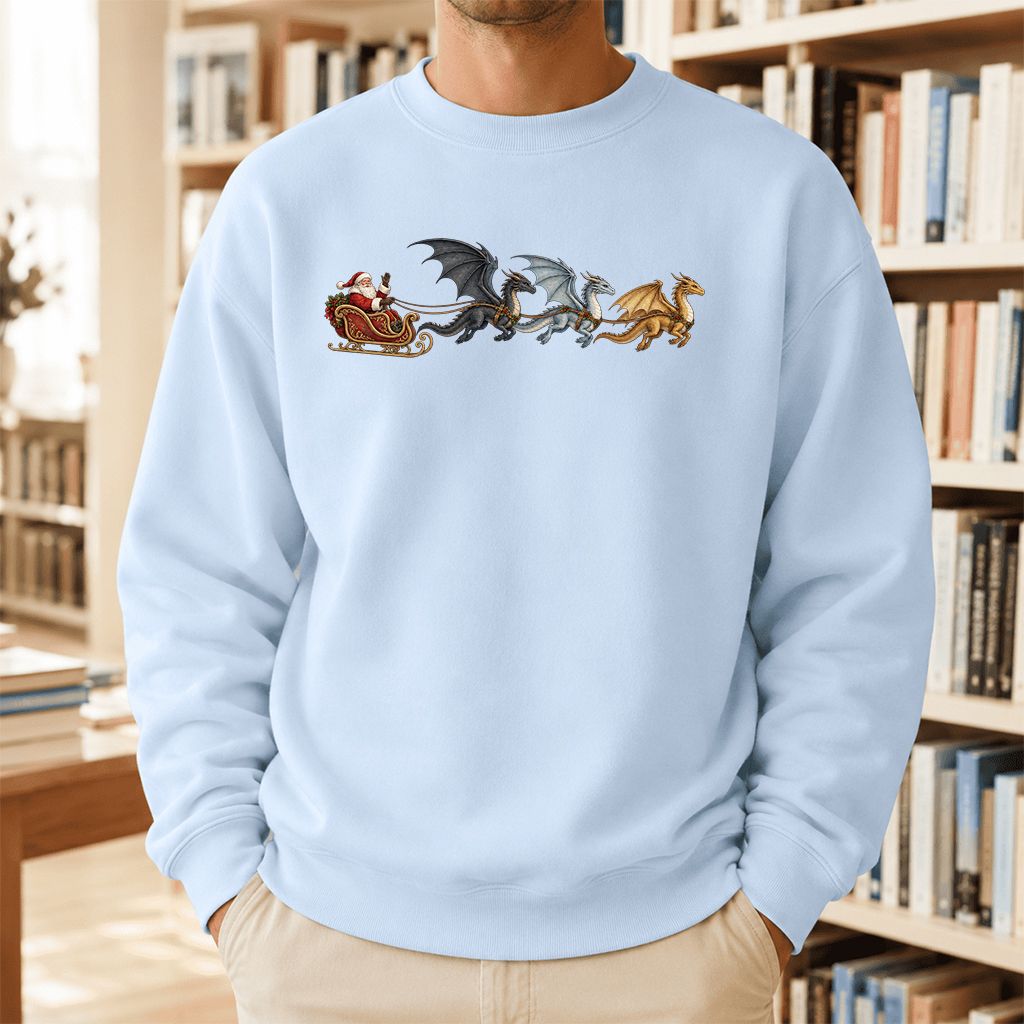 Santa Claus on Dragon Sleigh Printed Sweatshirt | Christmas Reader Gift Light Blue