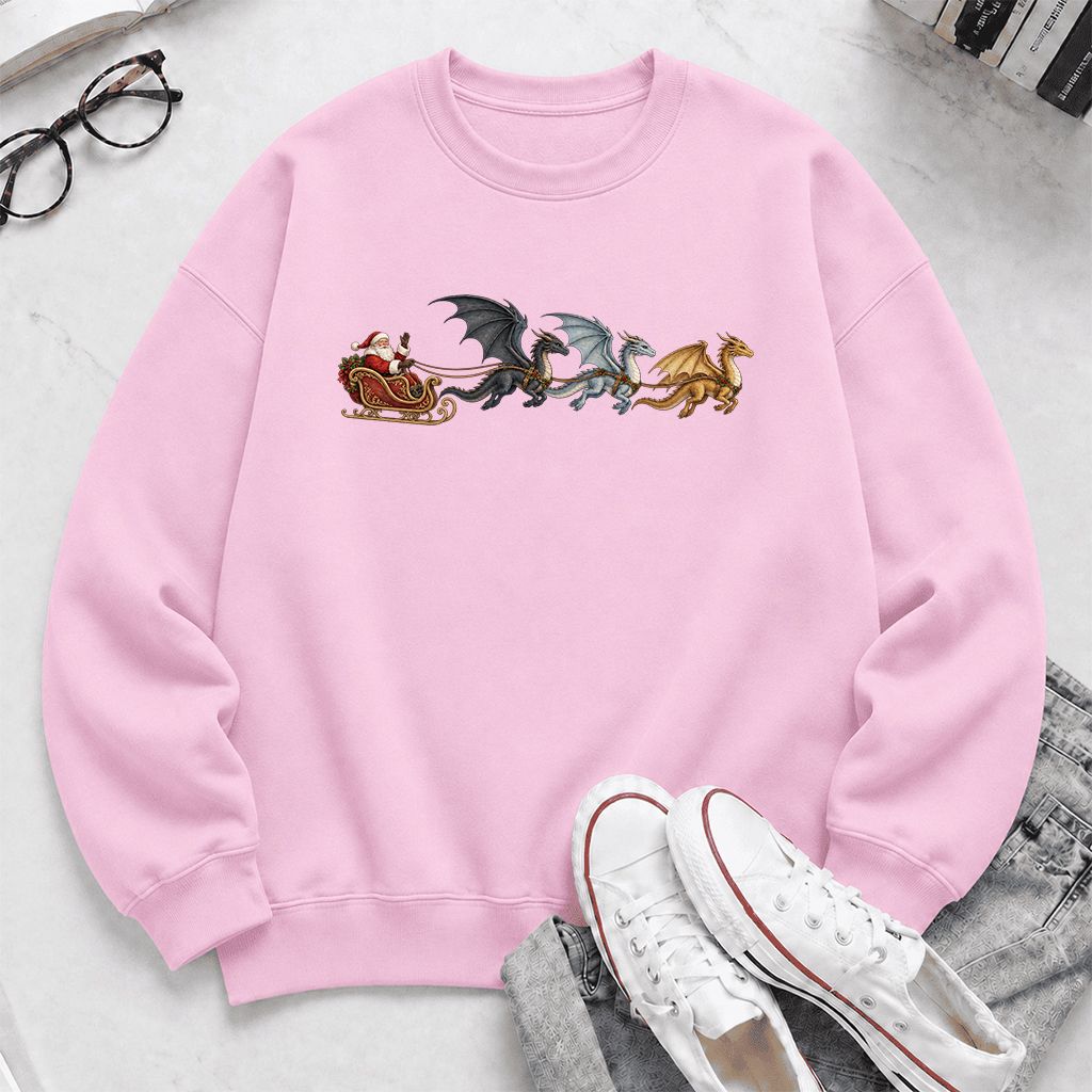 Santa Claus on Dragon Sleigh Printed Sweatshirt | Christmas Reader Gift Light Pink