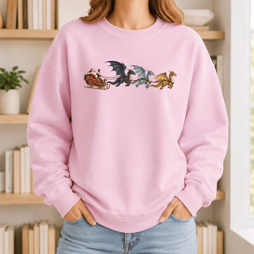 Santa Claus on Dragon Sleigh Printed Sweatshirt | Christmas Reader Gift Light Pink