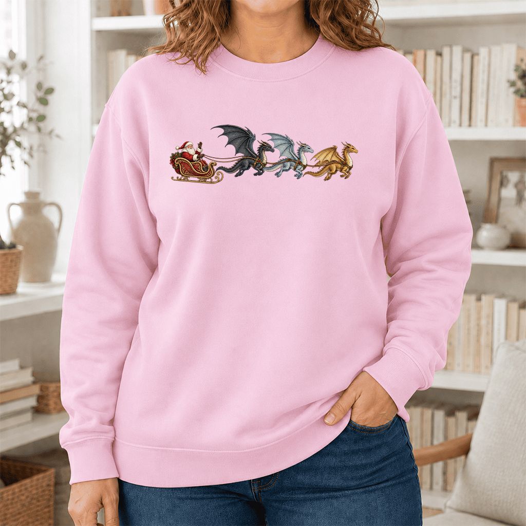 Santa Claus on Dragon Sleigh Printed Sweatshirt | Christmas Reader Gift Light Pink