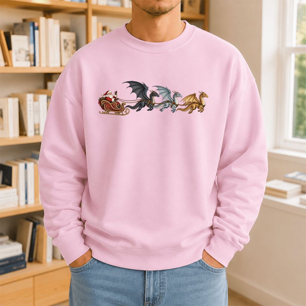 Santa Claus on Dragon Sleigh Printed Sweatshirt | Christmas Reader Gift Light Pink