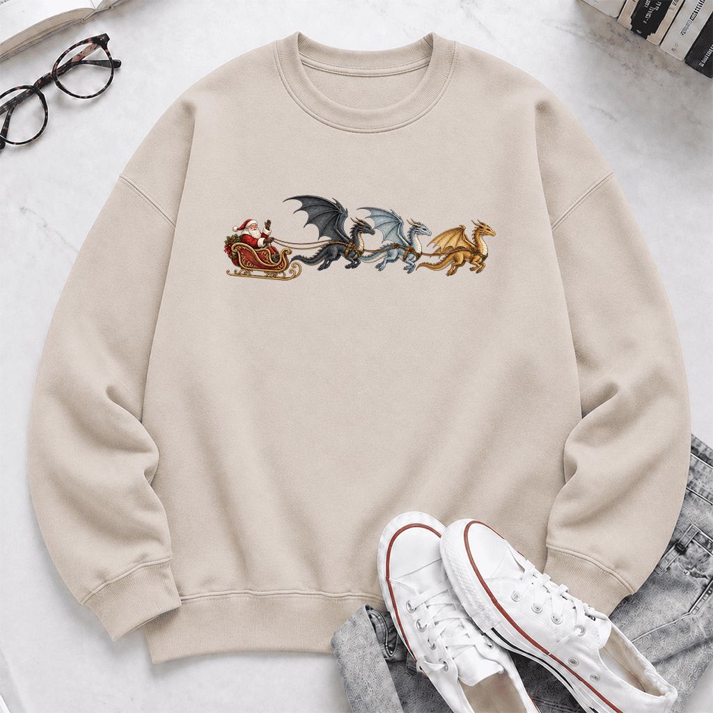 Santa Claus on Dragon Sleigh Printed Sweatshirt | Christmas Reader Gift Sand