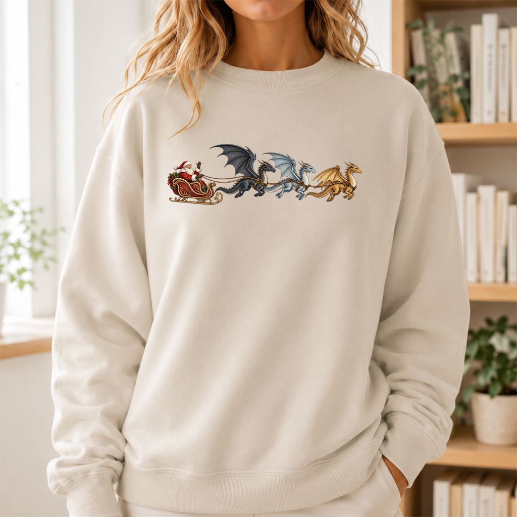 Santa Claus on Dragon Sleigh Printed Sweatshirt | Christmas Reader Gift Sand