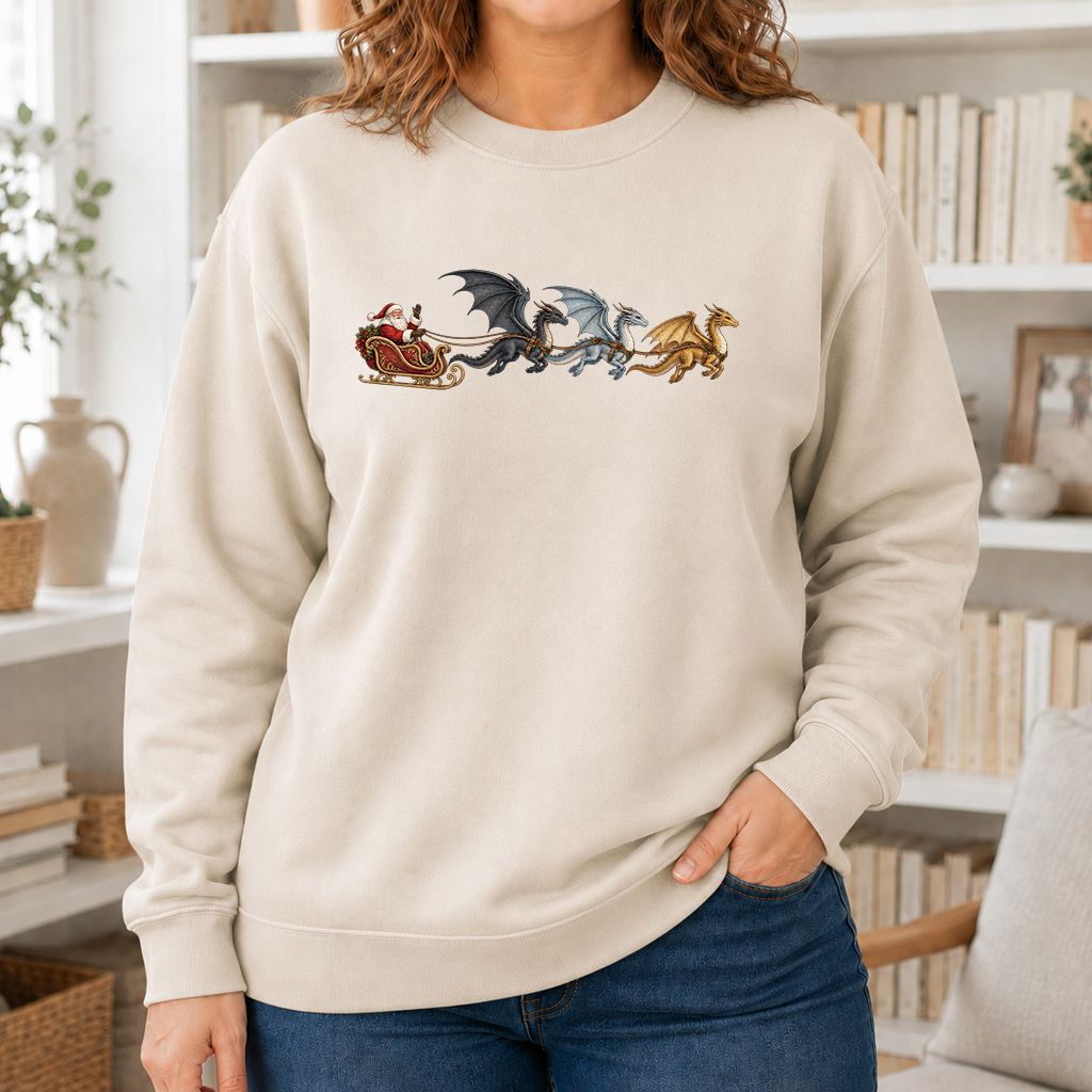 Santa Claus on Dragon Sleigh Printed Sweatshirt | Christmas Reader Gift Sand
