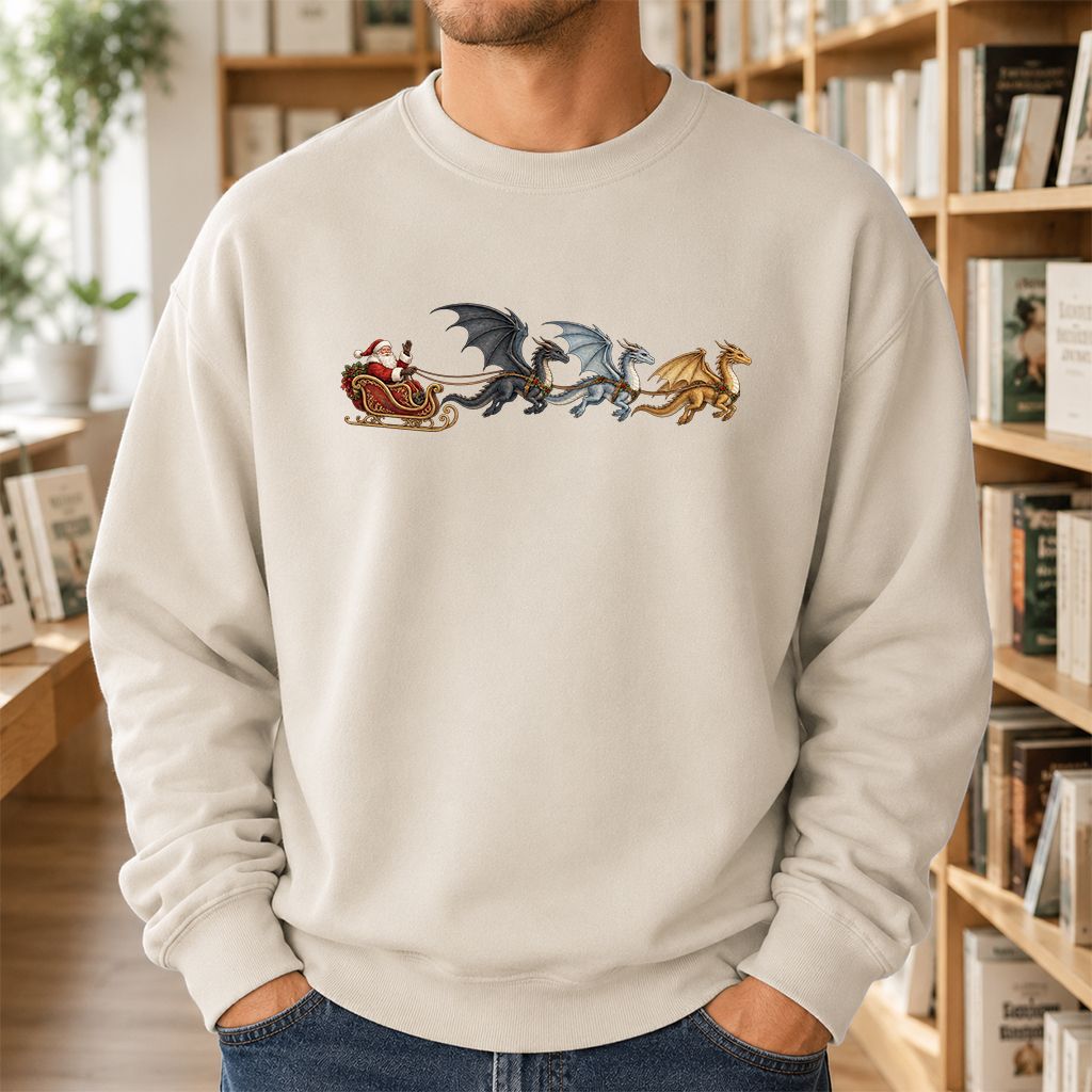 Santa Claus on Dragon Sleigh Printed Sweatshirt | Christmas Reader Gift Sand