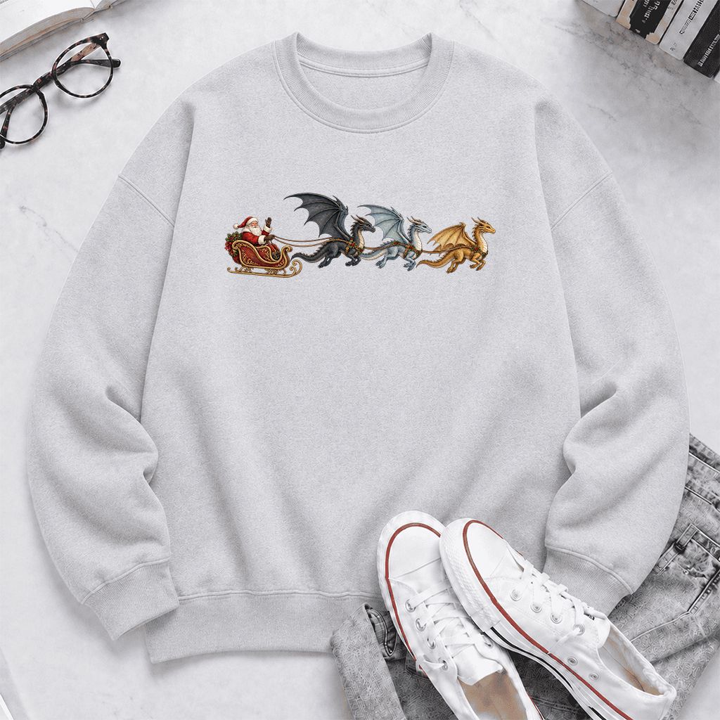 Santa Claus on Dragon Sleigh Printed Sweatshirt | Christmas Reader Gift Sport Grey