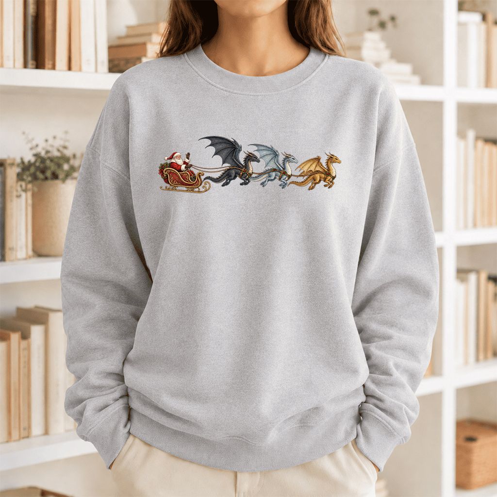 Santa Claus on Dragon Sleigh Printed Sweatshirt | Christmas Reader Gift Sport Grey