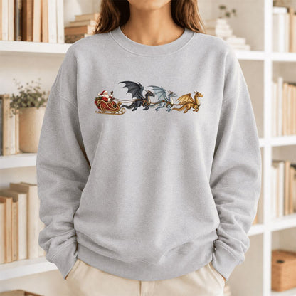 Santa Claus on Dragon Sleigh Printed Sweatshirt | Christmas Reader Gift Sport Grey