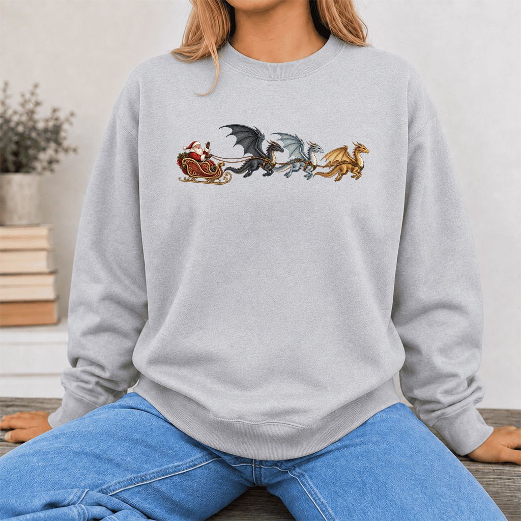 Santa Claus on Dragon Sleigh Printed Sweatshirt | Christmas Reader Gift Sport Grey