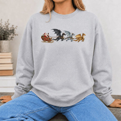 Santa Claus on Dragon Sleigh Printed Sweatshirt | Christmas Reader Gift Sport Grey