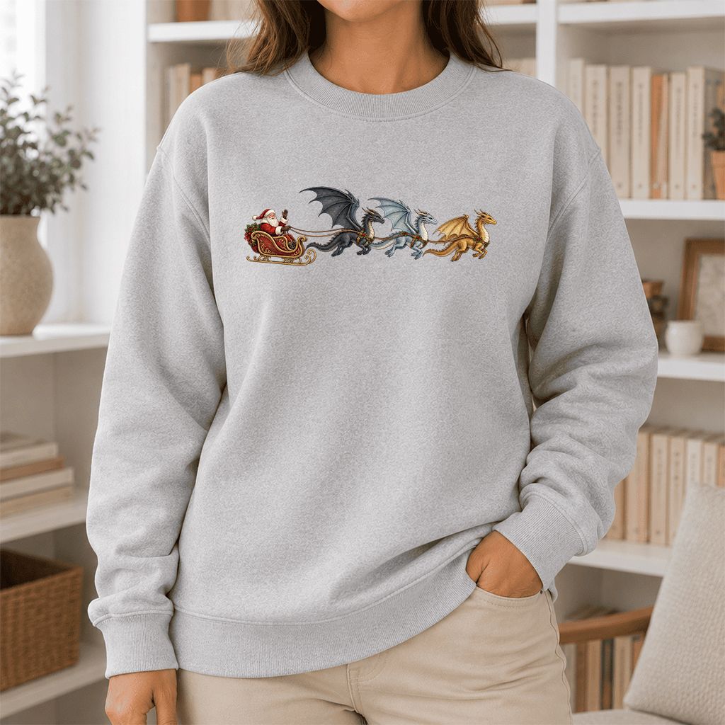 Santa Claus on Dragon Sleigh Printed Sweatshirt | Christmas Reader Gift Sport Grey