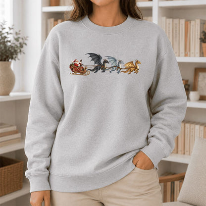 Santa Claus on Dragon Sleigh Printed Sweatshirt | Christmas Reader Gift Sport Grey