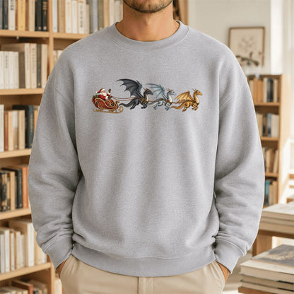 Santa Claus on Dragon Sleigh Printed Sweatshirt | Christmas Reader Gift Sport Grey