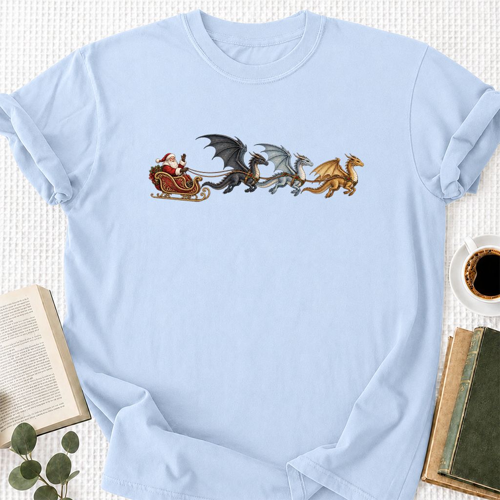 Santa Claus on Dragon Sleigh Printed T-Shirt | Christmas Reader Gift Light Blue